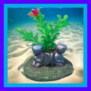 Aquarium Decoration - Blue Cherub Angels with Flowering Plant